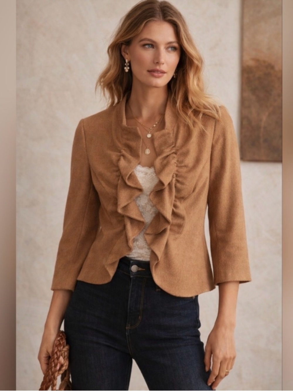 Tabitha Anthropologie Ruffle Front Cropped Jacket Blazer Wool Blend Size 10